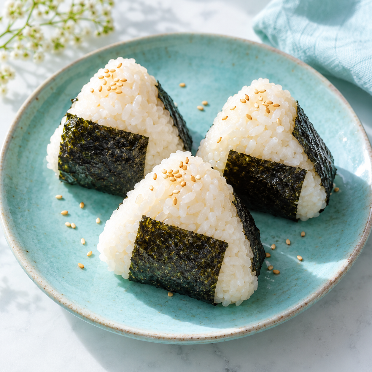 Onigiris de arroz envueltos en alga nori sobre un plato